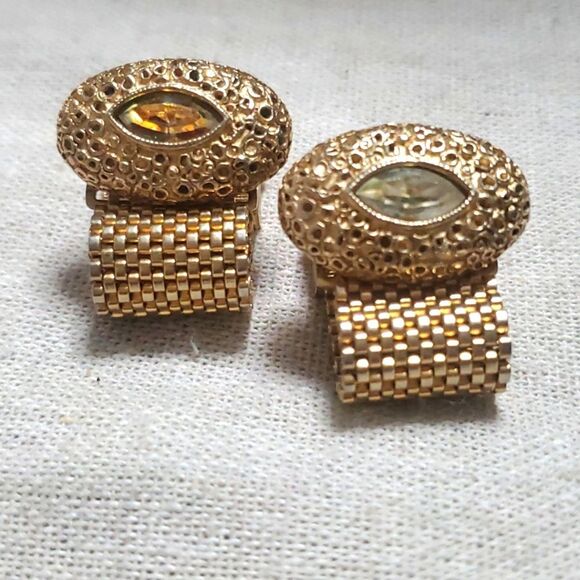 Vintage Mesh Gold Plated Crystal Cufflinks - Picture 1 of 6